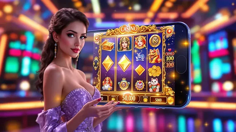 Layar ponsel menampilkan pilihan permainan slot dan reel berwarna